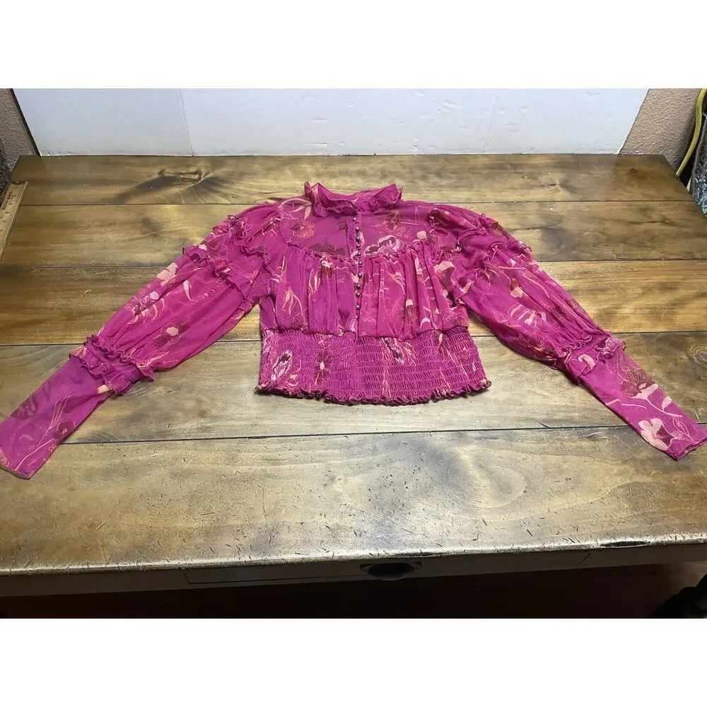 Free People Time For Shine Mesh Cropped Smocked Pink Purple Floral Blouse Top L